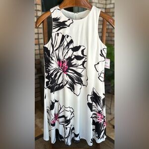Anne Klein Floral Sleeveless Dress in Black and White w/ Pink, Size 6